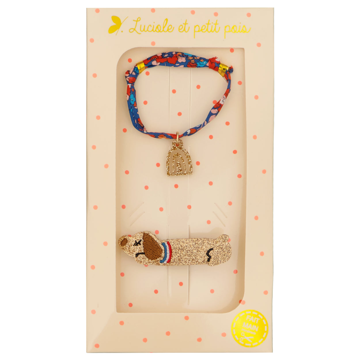 Gift box - Dachshund  dog hair clip & Liberty  Betsy Ann écarlate (gold  rainbow) bracelet
