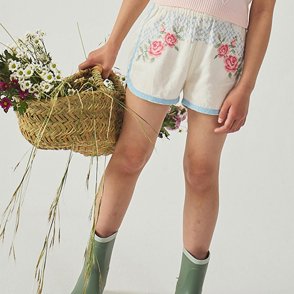 Nelly Cross-Stitch Shorts with Lace Trims